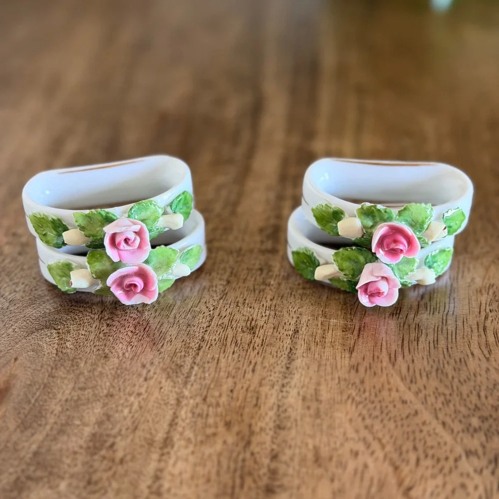 AK Kaiser Porcelain Napkin Rings Set of‎ 4 Pink Rose Floral West Germany Vintage